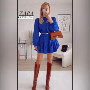 ZARA RUFFLED BELTED SHIRT DRESS Royal BLUE small bloggers favourite